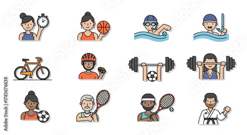 Diverse sports and activities illustrated icons showcasing a healthy lifestyle pursuit