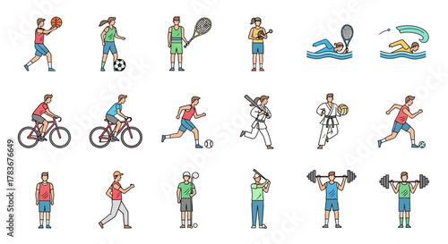 Diverse sports and activities icons representing healthy lifestyle choices and physical fitness