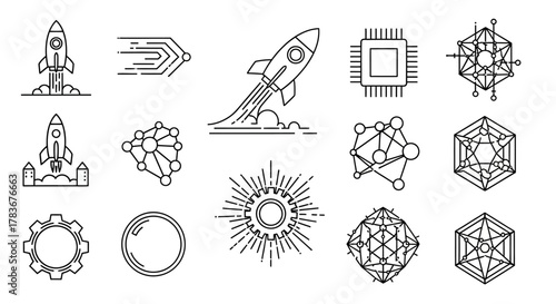 Vector illustration of innovative technology development and rocket startup icons