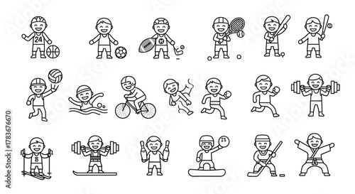 Collection of monochrome cartoon athletes representing diverse sports activities with smiling faces
