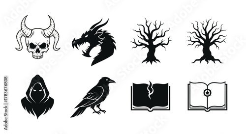 Set of mysterious monochrome vector icons for dark fantasy themes and halloween illustration