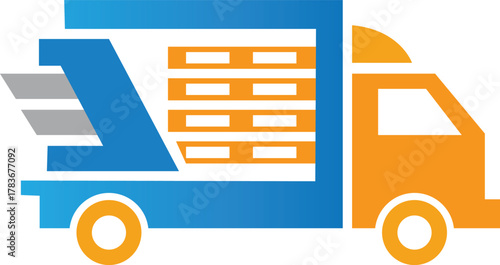 Orange and blue delivery truck logo with freight in the back