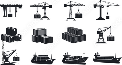 Shipping, logistics, cargo, container, crane, freight, transport, delivery, maritime, global trade, supply chain, export, import, warehouse, storage, shipping containers, cargo ship, logistics icons