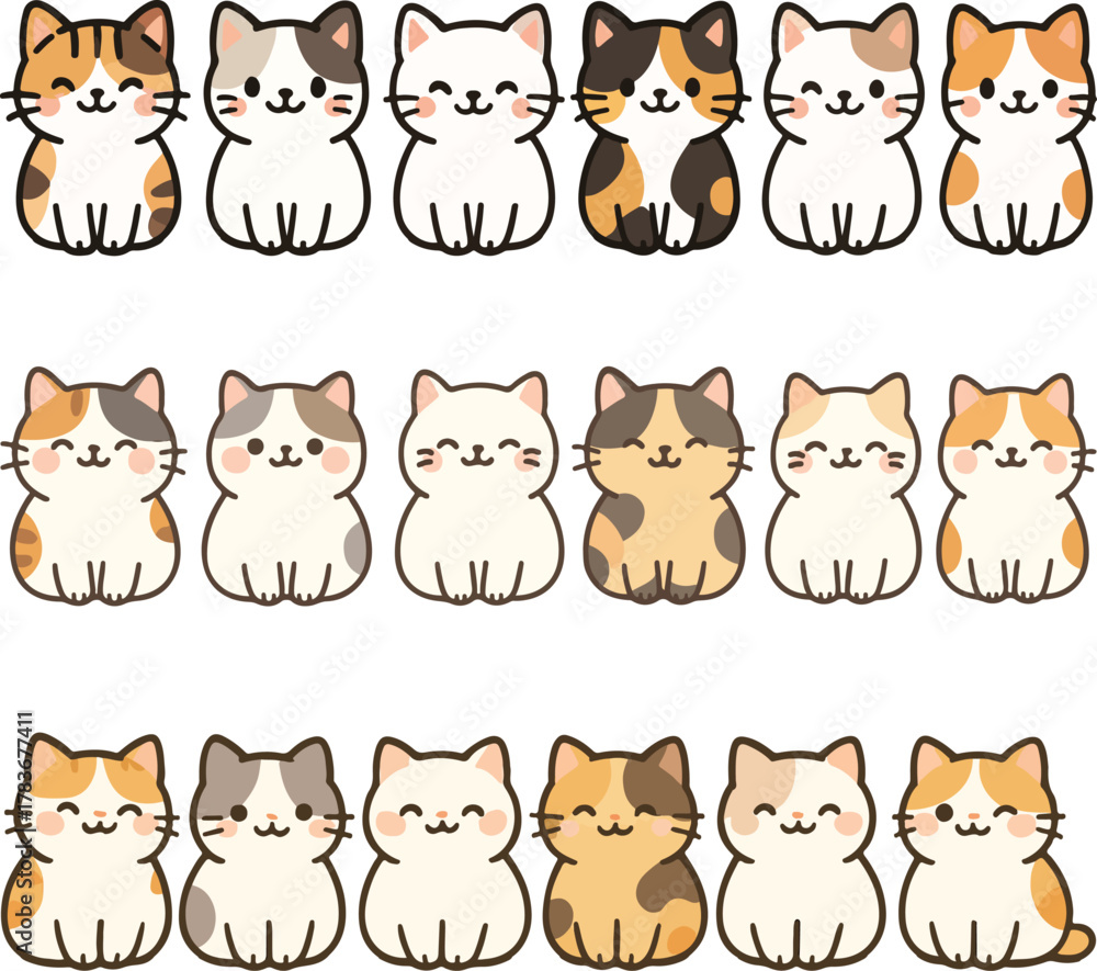 Fototapeta premium Playful Cat Line Art Vector Minimal Flat Illustration of Smiling Cartoon Cats
