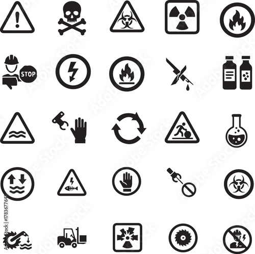 Collection of Warning and Safety Symbols including radiation, danger, caution, and hazard signs