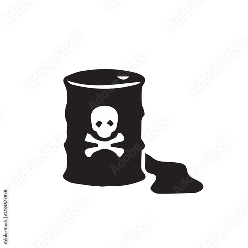 Black and white icon of a leaking barrel with a skull and crossbones symbol representing toxic waste and chemical danger