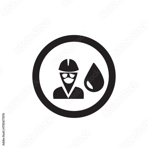 Industrial Safety Icon Worker with Goggles and Hard Hat Near Oil Drop in Circle