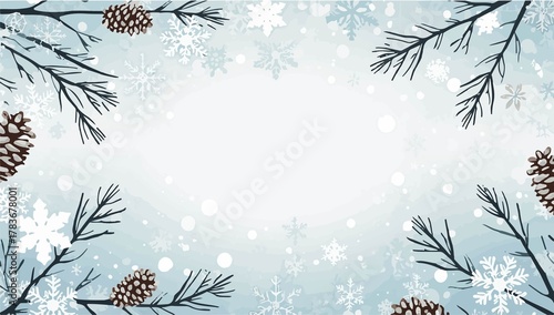 illustration template featuring a serene winter decoration background with a flat design aesthetic, incorporating gentle snowflakes, frosted pinecones