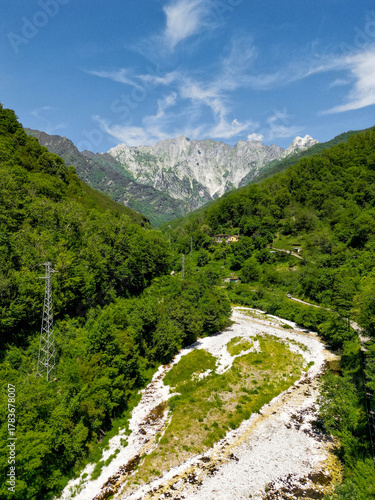 Mountain Valley and Stream near Malbacco in the Apuan Alps, Tuscany, Italy