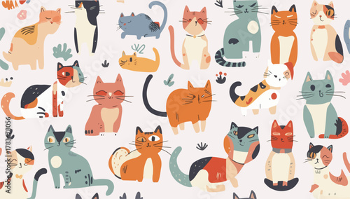 Vector template featuring a whimsical cat pattern in a flat design style, with bold lines, simple shapes, and a minimalist aesthetic, set against a clean
