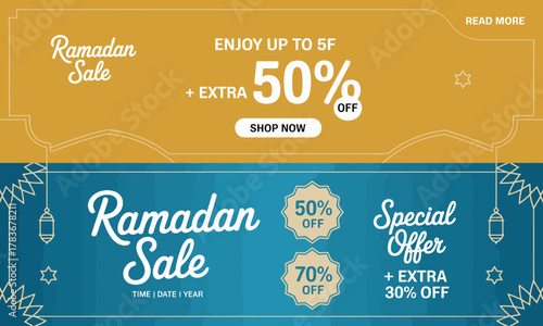 This vibrant graphic design promotes a Ramadan sale, highlighting attractive discounts and offers, encapsulating the spirit of shopping and celebration during the holy month.