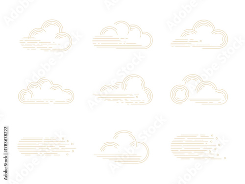A collection of stylishly designed cloud forms using elegant line art, conveying a sense of calm and tranquility, ideal for branding or soothing design projects.