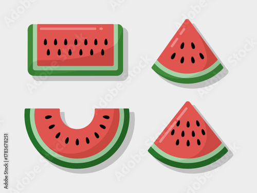 A vibrant, cartoon-like illustration of watermelon slices and a whole watermelon showcasing juicy red flesh, seeds, and fresh green rind creating a fun, summery vibe.