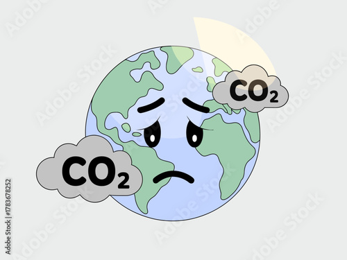 A sorrowful depiction of the Earth surrounded by CO2 clouds, illustrating the serious environmental impact of carbon emissions on our planet's health and wellbeing.