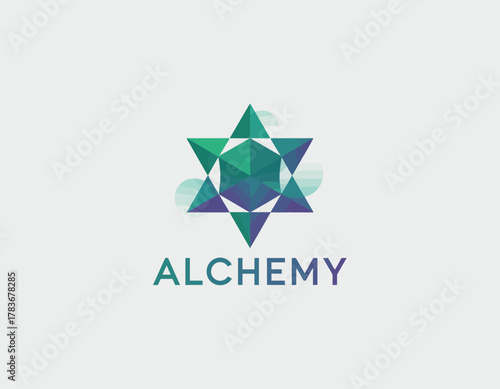 A modern alchemy symbol constructed with geometric shapes in emerald green, representing transformation, knowledge, and the intersection of science and art in a visual context.