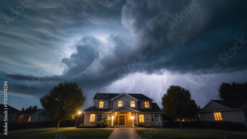 Dramatic storm clouds gather over illuminated suburban house at dusk ominous weather approaching residential neighborhood