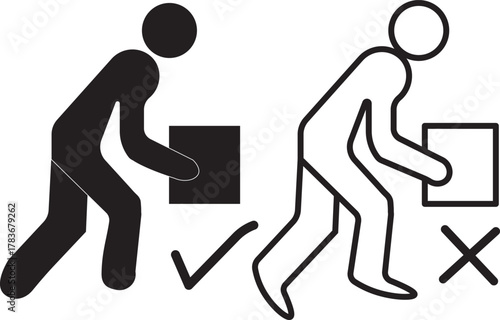 Correct lifting posture safety tips for workplace ergonomics and health  .Correct and incorrect lifting posture safety guide illustration