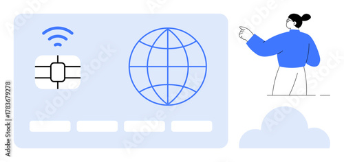 Global network globe, wireless chip, digital card interface, person pointing, and cloud visual. Ideal for technology, globalization, internet, connectivity cloud computing digital access