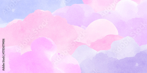Pink, violet, blue watercolor abstract background, form, design element. Colorful hand painted texture, wash. Abstract clouds, blots. Frame, place for text. Soft pink noisy, grainy gradient. 