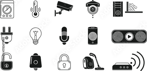 Smart home technology icons, security camera, WiFi router, smart speaker, microphone, light bulb, plug, padlock, vacuum cleaner, thermometer, doorbell