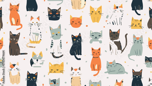 Vector template featuring a whimsical cat pattern in a flat design style, with bold lines, simple shapes, and a minimalist aesthetic, set against a clean