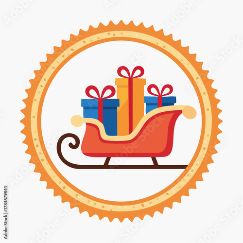 Holiday Cheer: A festive image of a sleigh loaded with colorful wrapped gifts, within a charming circular frame. Symbolizing anticipation and the spirit of gifting