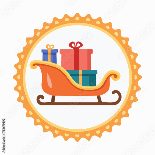 Festive Gift Sleigh Ride: A cheerful illustration showcasing a classic gift-laden sleigh, designed within a decorative emblem. Evoking feelings of generosity and the spirit of gifting