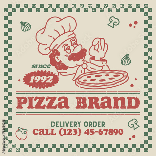 Vintage-style poster illustration of Italian chef presenting pizza with checkered border and food doodles. Retro pizzeria design with Italy flag colors for restaurant branding.