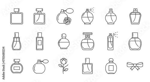 Collection of minimalist linear icons representing various perfume bottles, including spray bottles, classic atomizers, and decorative flasks, alongside a rose and a bow, perfect for web design