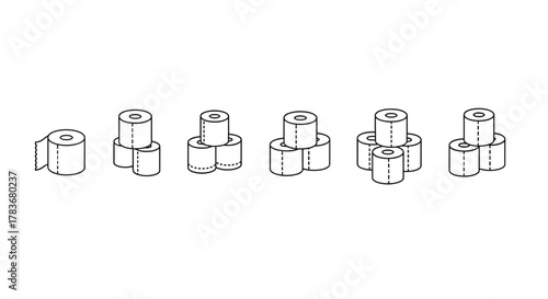 Set of toilet paper roll icons in various bundle arrangements, showcasing different quantities from a single roll to a stack of five, presented as clean, editable stroke vector illustrations on a