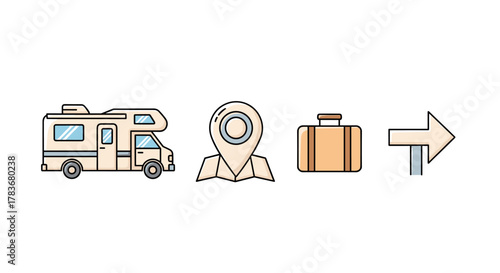 Set of flat design icons representing travel and adventure: a motorhome for road trips, a map pin for navigation, a suitcase for luggage, and a direction pointer for guidance, all with editable