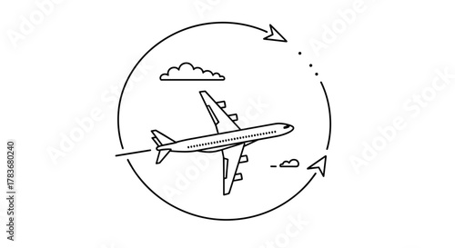 Minimalistic thin line icon of a commercial airplane in flight, depicted with a circular arrow indicating travel or a route, accompanied by simple cloud graphics. This vector cartoon illustration is