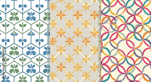 Collection of seamless vector geometric flower patterns in blue, green, yellow, orange, pink, purple, and teal, perfect for fabric, wallpaper, packaging, and decorative prints, offering a vibrant and