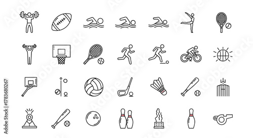 Modern Thin Line Editable Icons Set for Athletic Sports Activities: A Vector Illustration Featuring Summer Sports, Gym Exercises, Football, Swimming, Tennis, Cycling, Basketball, Golf, Badminton