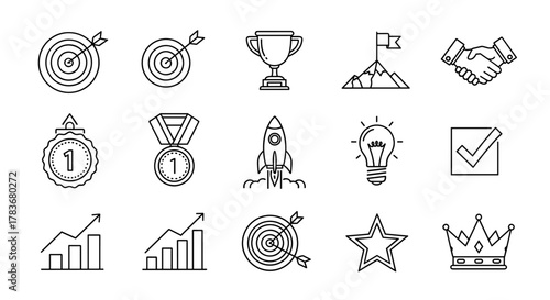 Set of linear style outline icons representing success and achievement, including targets, goals, mission accomplishment, winning trophies, medals, rockets, lightbulbs for ideas, charts for growth