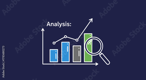 Conceptual illustration of business analysis and quality control, featuring a bar chart with an upward trend line, a magnifying glass for inspection, and icons representing evaluation, checklist