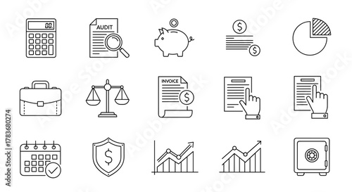 Set of outline icons related to accounting, audit, and taxes, including a calculator, audit document with magnifying glass, piggy bank, money stack, pie chart, briefcase, scales of justice, invoice