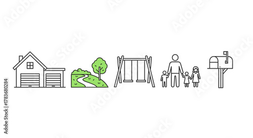 Suburban home icons in a clean line art style, featuring an attached house with a garage, a green backyard with a winding path and a tree, a swing set for children, a family group, and a classic