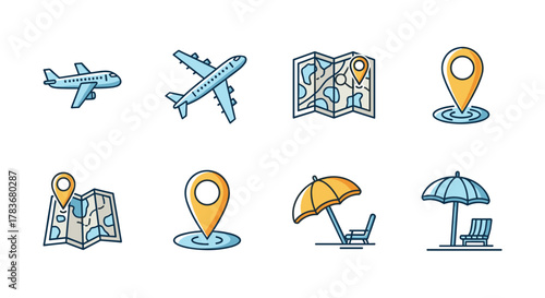Vibrant line icon set for vacation and travel design, featuring airplanes, folded maps with location pins, and beach umbrellas with lounge chairs, perfect for creating engaging cards, social media