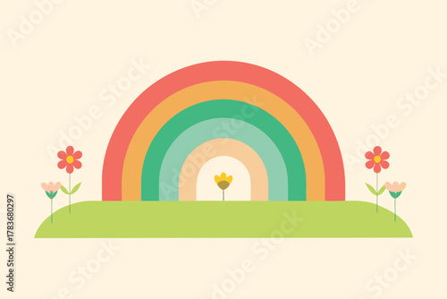 Charming boho style rainbow arch with cute flowers and green grassy hillside on a soft cream background evoking hope and joyful springtime vibes