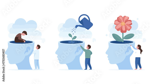 Conceptual illustration of personal growth and mental health development from a state of sadness to flourishing with care and nurturing