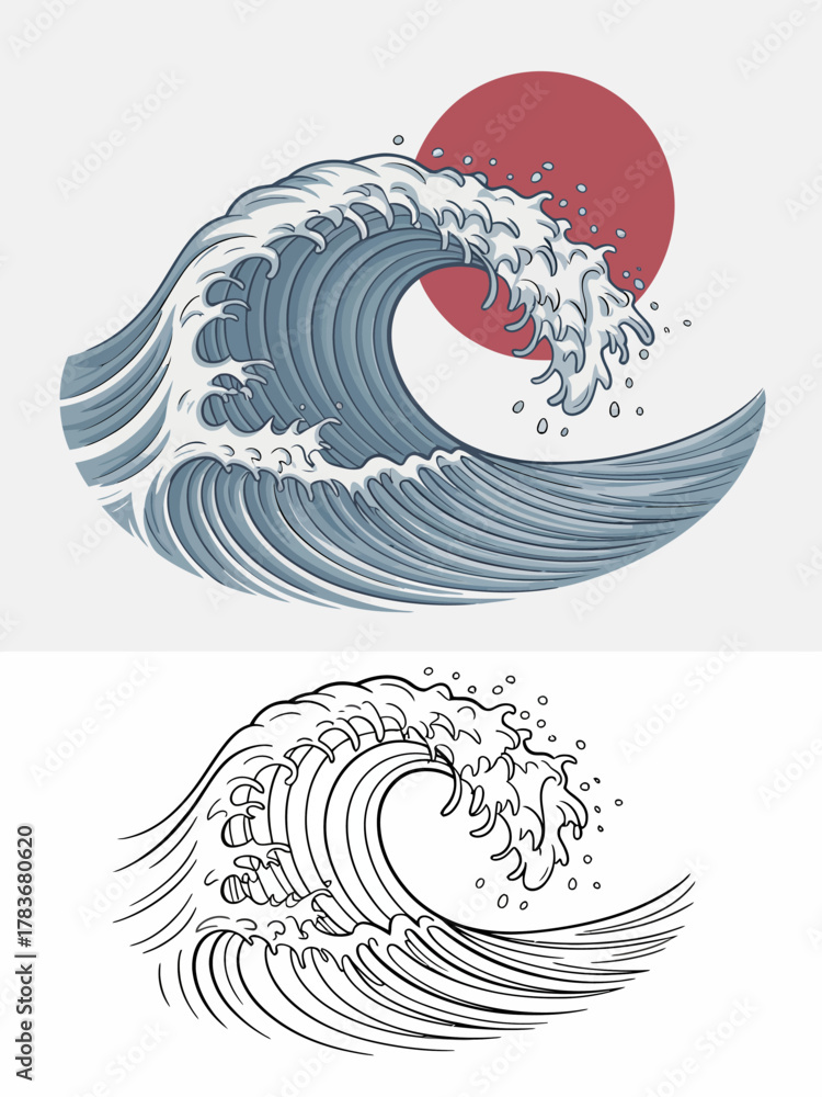 Fototapeta premium A striking wave illustration combined with a bold sun background, capturing the essence of nature's beauty and energy while evoking feelings of vitality, freedom, and adventure.