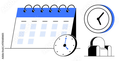 Calendar page with spiral binding, large and small clocks showing time, armchair symbolizing relaxation. Ideal for planning, productivity, time management, deadlines, work-life balance, scheduling