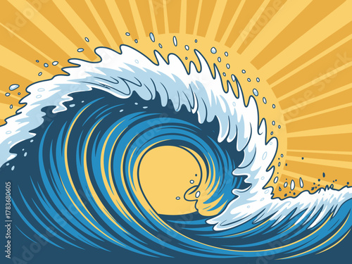 This stunning image showcases a vibrant ocean wave crashing with a bright sun in the background, capturing the essence of summer and adventure by the sea.