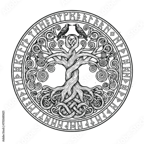 Celtic Tree of Life Symbol – Sacred Knotwork Yggdrasil Design for Tattoos, Spiritual Art, and Pagan Decor, vector illustration, isolated black and white, Vector art