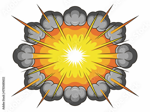 An explosive graphic illustration depicting an explosion with vibrant colors, smoke, and light elements designed to convey energy and dynamic movement in visuals.