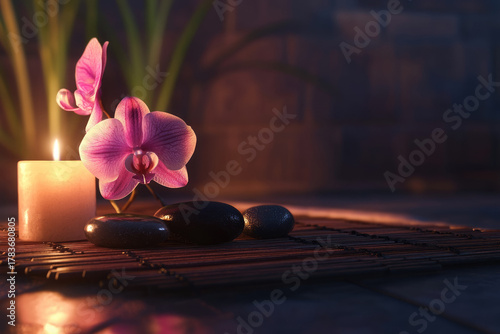 Zen spa composition with burning candle, orchid flower, black stones, and warm light on bamboo mat. Relaxing atmosphere, balance, beauty, and tranquility. For wellness, aromatherapy, natural body care