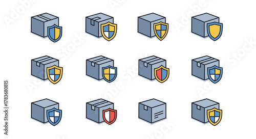 Set of twelve isometric vector icons representing secure delivery and package protection, featuring cardboard boxes paired with shields in various color combinations, ideal for web, app, and graphic