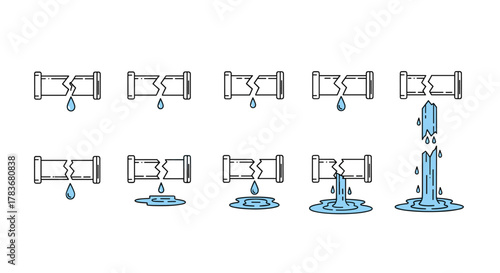 Set of ten thin line icons representing broken pipes with water leaks, from a single drop to a gushing stream, isolated on a white background. This vector cartoon illustration is perfect for web