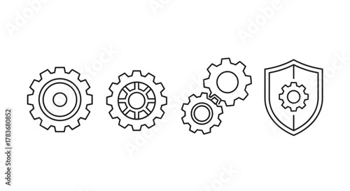 Set of linear icons representing gears and a shield outline, symbolizing industry, technology, security, and mechanical engineering. Ideal for graphic design, web development, app interfaces